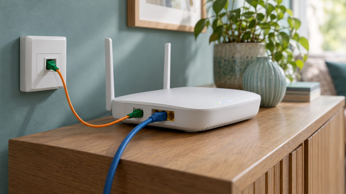 Weißer Internetrouter auf einem Sideboard mit aufgerolltem Glasfaserkabel