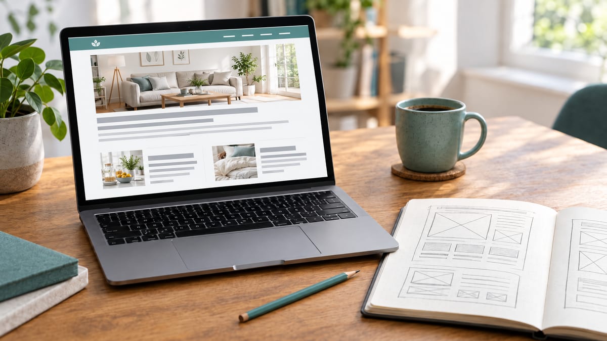 Laptop auf einem Schreibtisch, auf dem Bildschirm eine fertige Ratgeber Website, daneben Kaffeetasse und Skizzenbuch mit Layoutskizzen