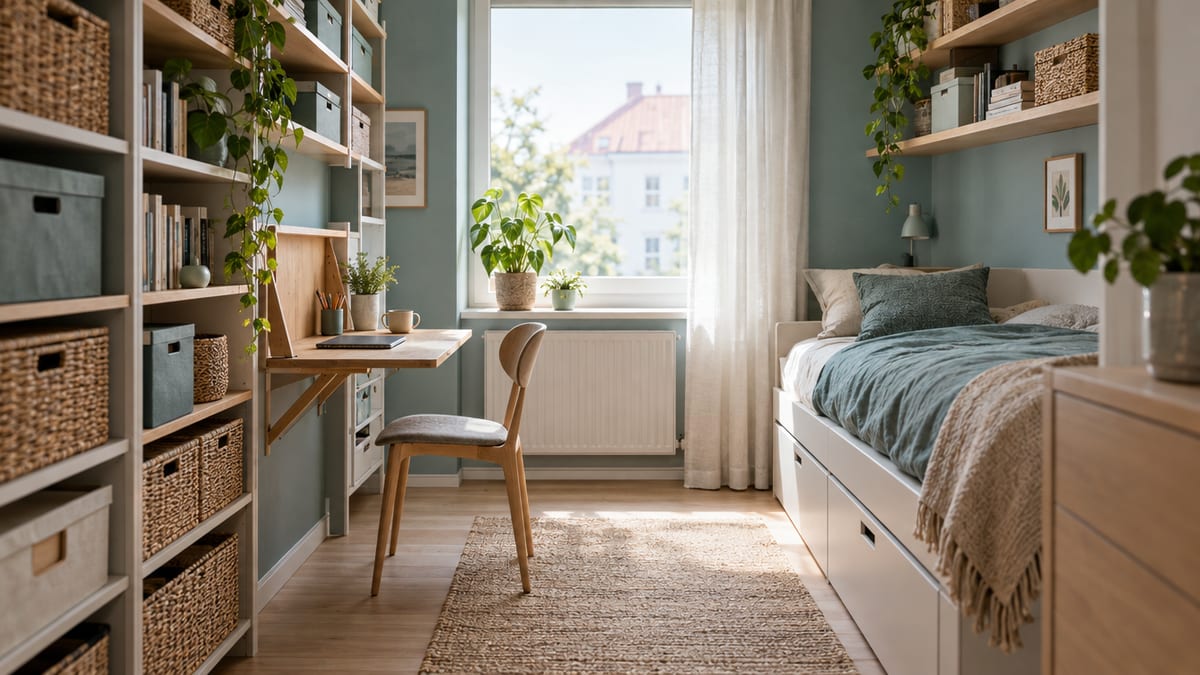 Helle kleine Wohnung mit Wandregalen, Körben und Klapptisch