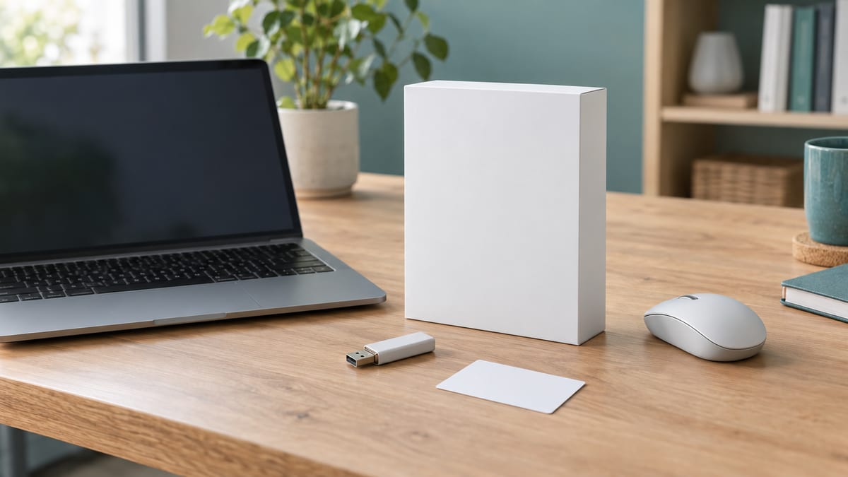 Schreibtisch mit Laptop, Softwareverpackung ohne Aufdruck und Notizblock